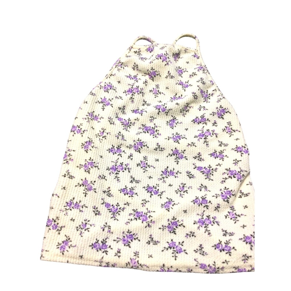 ASOS DESIGN Purple Floral‎ Waffle Knit Halter Neck Tie Back Crop Top Cream US 8